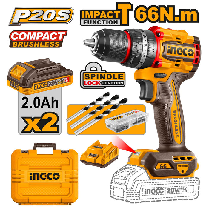 INGCO Compact Brushless Cordless Impact Drill 20V Li-ion with Battery CIDLI20668  ICPT