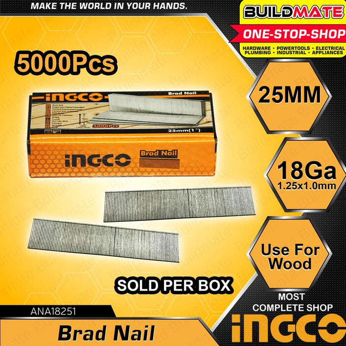 BUILDMATE Ingco 5000PCS/BOX Brad Nail Staple 20MM - 50MM for Air Brad Nailer Gun 18Ga 1.25x1mm - IHT