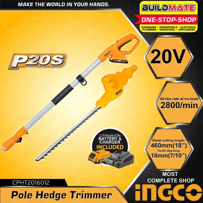 BUILDMATE Ingco Lithium-Ion Cordless Pole Hedge Trimmer 20V Rechargeable Electric Grass Tree Pruning Garden Power Tool CPHT201601 / CPHT2016012 - ICPT