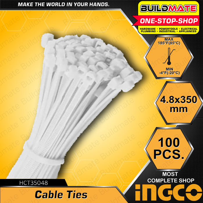 BUILDMATE Ingco 100PCS/SET Cable Ties 350MM - 450MM [SOLD PER PACK] White Cable Tie Self Locking Cable Ties Zip Ties Nylon Tie Wraps Multi-Purpose Variety Wire Ties Electrical Cable Ties HCT35048 | HCT40076 | HCT45076 • IHT