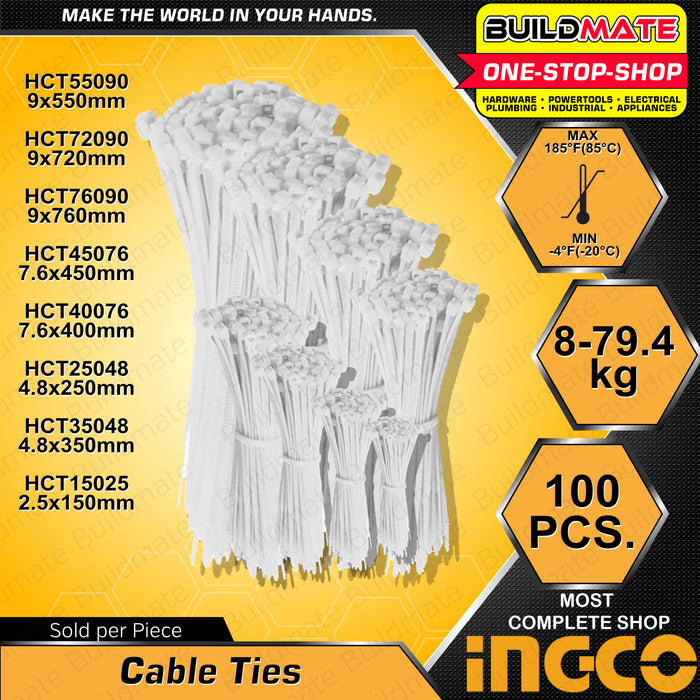 BUILDMATE Ingco 100PCS/SET Cable Ties 350MM - 450MM [SOLD PER PACK] White Cable Tie Self Locking Cable Ties Zip Ties Nylon Tie Wraps Multi-Purpose Variety Wire Ties Electrical Cable Ties HCT35048 | HCT40076 | HCT45076 • IHT