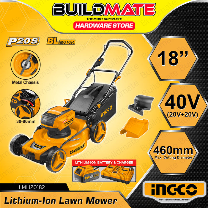 BUILDMATE Ingco Lithium-Ion Cordless Brushless Lawn Mower 40V 18" / 20" Rechargeable Hand Push Drive Garden Grass Cutting Trimmer Lawnmower - ICPT