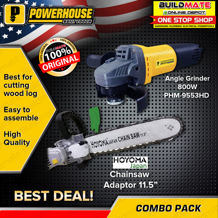 [BUNDLE] POWERHOUSE Angle Grinder 800W PLUS HOYOMA Chainsaw Adaptor 11.5" •BUILDMATE•