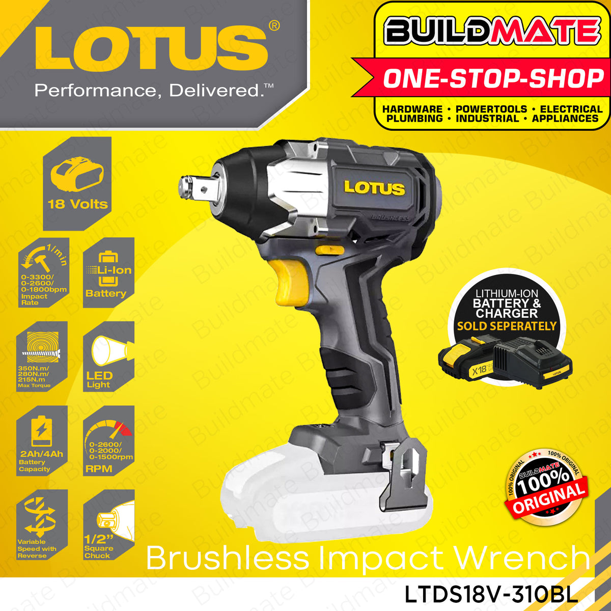 LOTUS Lithium-Ion Cordless Brushless Impact Wrench Driver 18V 1/2