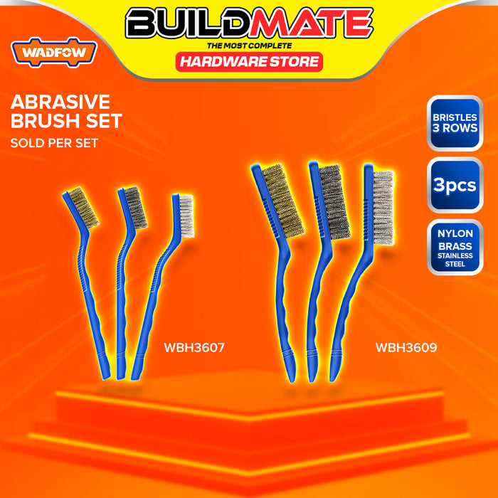 BUILDMATE Wadfow 3pcs Abrasive Brush Set 7" / 9" Abrasive Nylon Brass Steel Bristles Rust Removal Paint Scrubbing Cleaning Polishing Brush Set - WHT