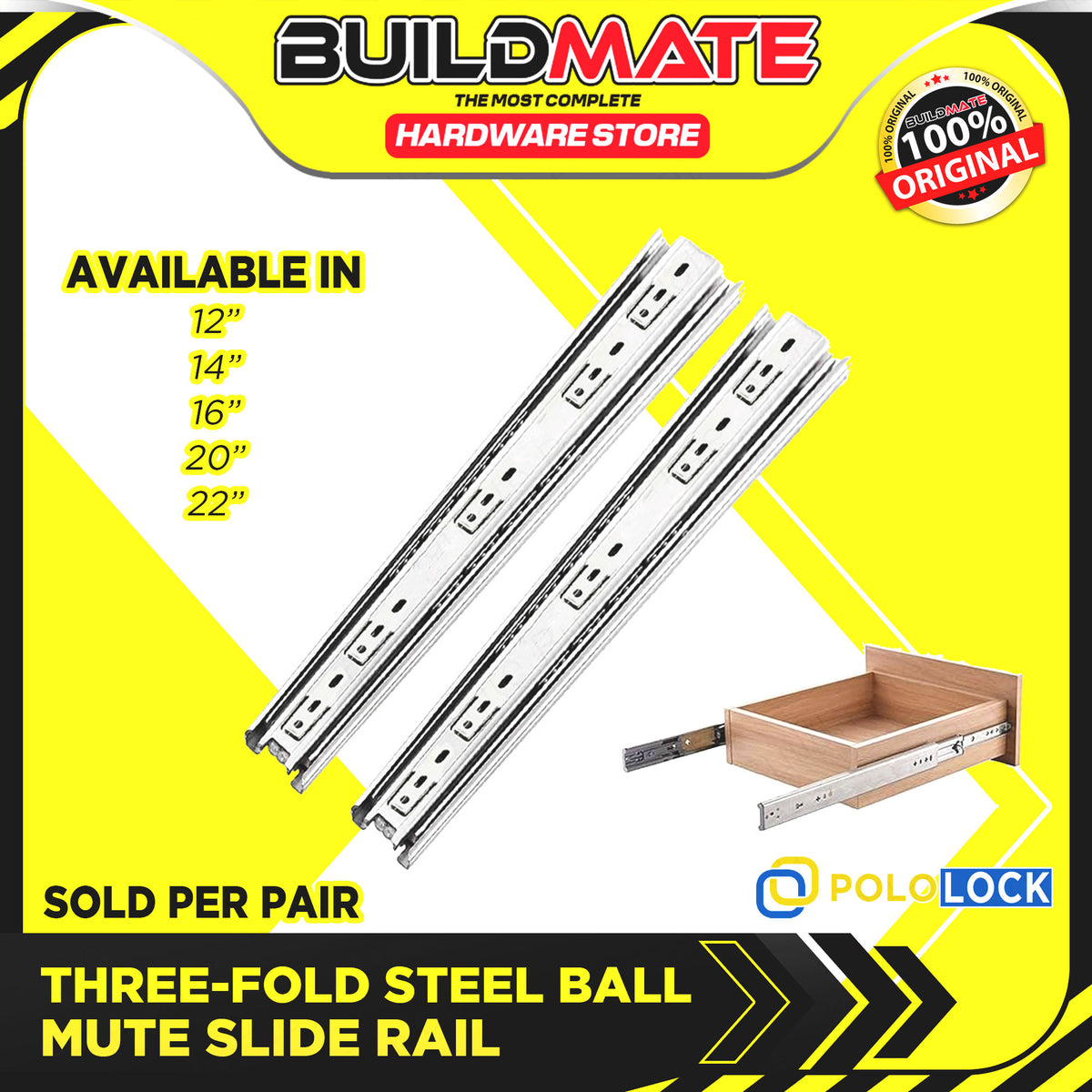 Buildmate Racking BUILDMATE Pololock 3-Fold Steel Ball Mute Drawer Slide Guide Rail 12 ...