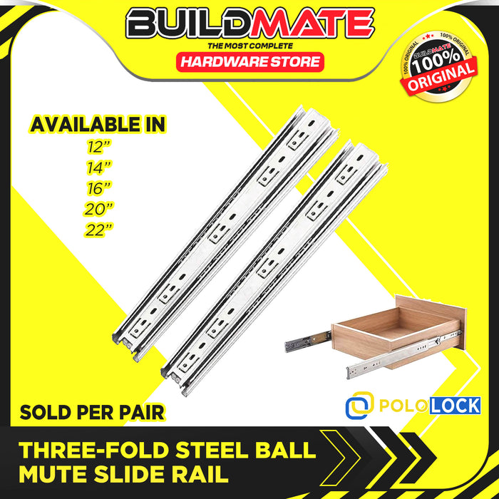 BUILDMATE Pololock 3-Fold Steel Ball Mute Drawer Slide Guide Rail  12" - 22" Silent Furniture Closet Locking Track Glides PL88055