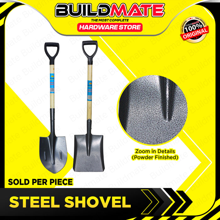 BUILDMATE Polonet Steel Shovel Round Pointed | Square with Wooden Handle Garden Tool Plant Trowel Powder Finished Blade Pala