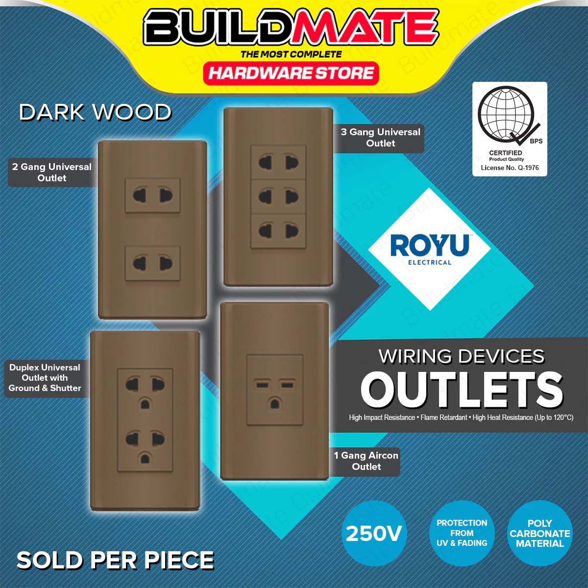 BUILDMATE Royu Plano Outlet Set Wide Series Dark Wood 250V Polycarbona ...