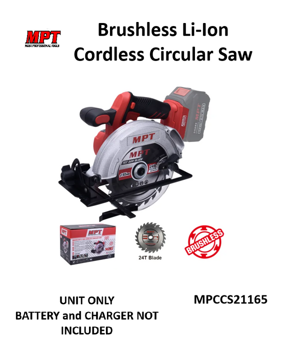 MPT 21V Brushless Li-Ion Cordless Circular Saw 165mm (BARE TOOLS ONLY) MPCCS21165 CL• MOST PROFESSIONAL TOOLS •