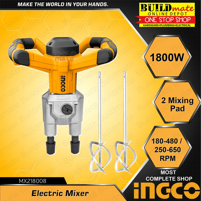 BUILDMATE Ingco Electric Mixer 1800W with Mixing Pad Multi-functional Mixer Electric Concrete Mixer Cement Mixer Mortar Mixer for Concrete, Paint, Latex and Mortar MX218008 | MX218008P • IPT