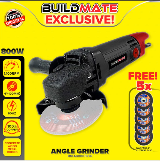 BUILDMATE Brand 4" Inch Electric Angle Grinder 800W Polishing and Grinding Machine with 5pcs Cutting Disc Power Tools BMAG800