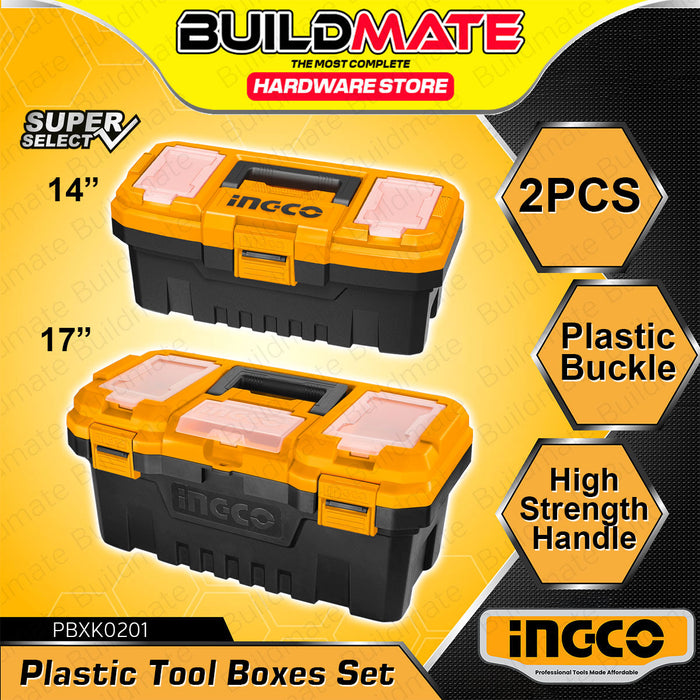 BUILDMATE Ingco 2pcs Plastic Tool Boxes Set 14" & 17" Tool Storage Stackable Plastic Tool Kit Organizer Box PBXK0201 - IHT