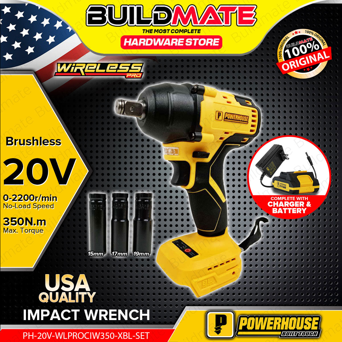 BUILDMATE Powerhouse 20V Brushless Cordless Impact Wrench 350Nm Rechar ...