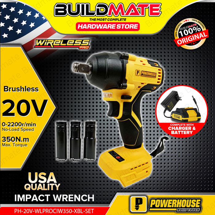 BUILDMATE Powerhouse 20V Brushless Cordless Impact Wrench 350Nm Rechargeable Square Drive Electric Nut Runner Power Socket Wrench Driver PH-20V-WLPROCIW350-XBL - PHPT