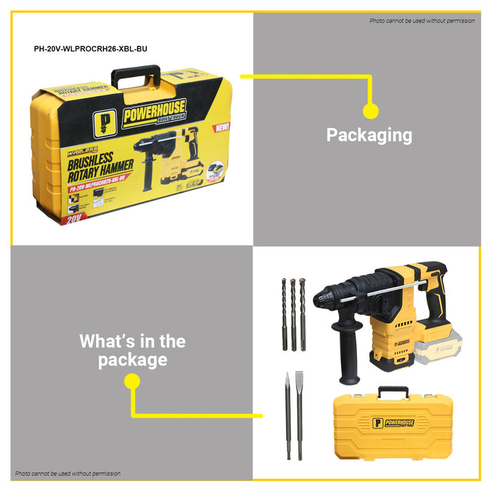 PowerHouse Bare Unit Cordless Rotary Hammer Brushless SDS-PLus 20V 26MM PH-20V-WLPROCRH26-XBL-BU PHPT