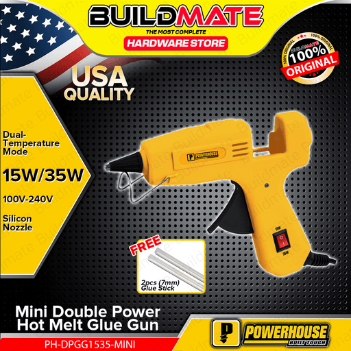 BUILDMATE Powerhouse Mini Double Power Hot Melt Glue Gun 15W/35W with 2pcs 7mm Glue Stick for DIY Arts Crafting PH-DPGG1535-MINI - PHHT