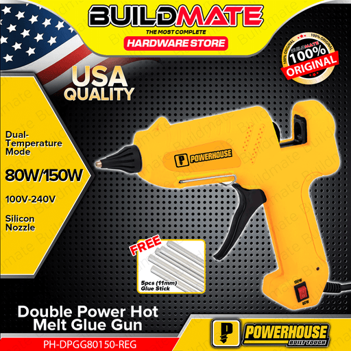 BUILDMATE Powerhouse Double Power Hot Melt Glue Gun 80W/150W with 5pcs 11mm Glue Stick for DIY Arts Crafting PH-DPGG80150-REG - PHHT