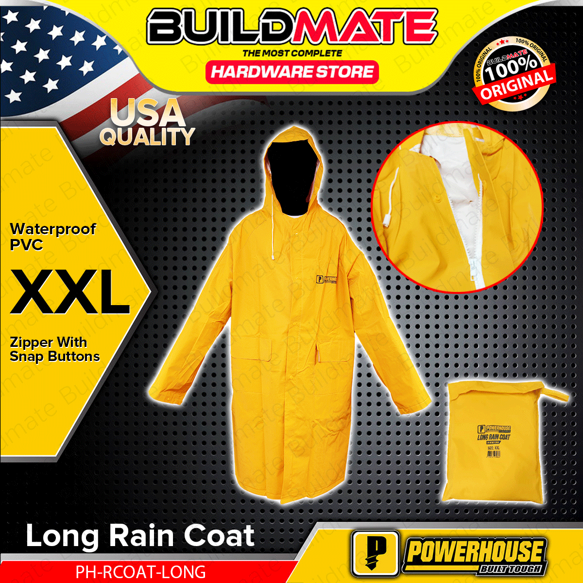 BUILDMATE Powerhouse Long Rain Coat XXL PVC Hooded Raincoat Waterproof  Kapote With Adjustable Drawstring Rain Protection Suit Gear PH-RCOAT-LONG 
