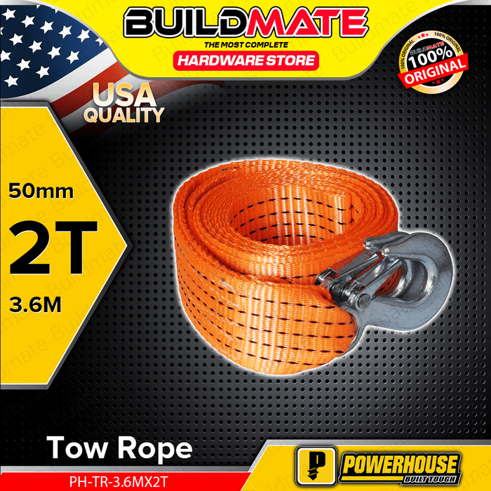 Path Mates Rope BUILDMATE Powerhouse 2T Tow Rope 50mmx3.6m With Steel Hooks Heavy Duty ...