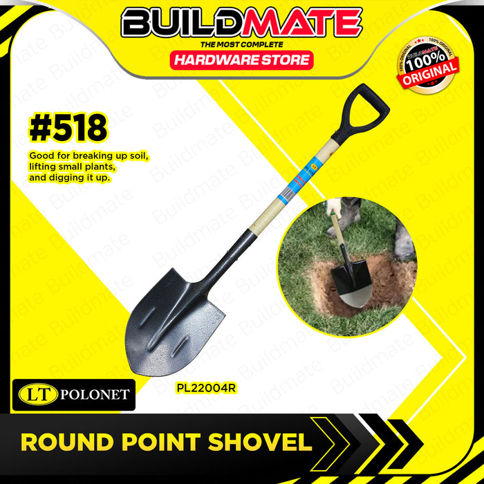 BUILDMATE Polonet Steel Shovel Round Pointed | Square with Wooden Handle Garden Tool Plant Trowel Powder Finished Blade Pala