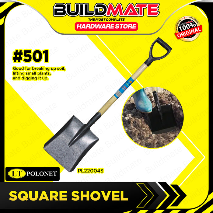 BUILDMATE Polonet Steel Shovel Round Pointed | Square with Wooden Handle Garden Tool Plant Trowel Powder Finished Blade Pala