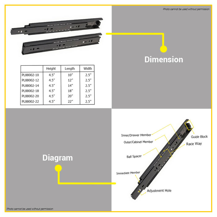BUILDMATE Pololock 3-FOLD Ordinary Drawer Slide Guide Ball Bearing 10 - 22" Inch for Cabinet PL88002