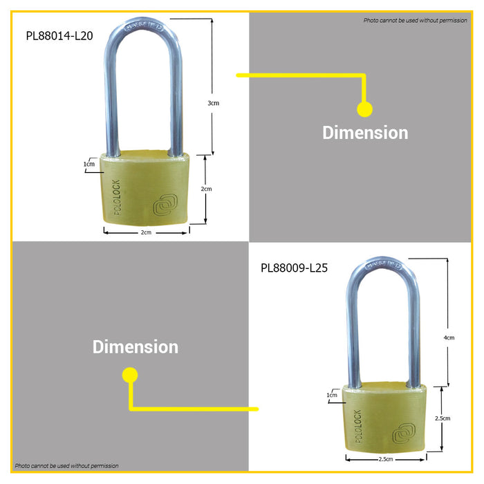 BUILDMATE Pololock Brass Padlock LONG Shackle 20MM - 60MM Anti-Theft Keyed Lock with Keys - PL88014