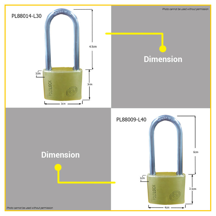 BUILDMATE Pololock Brass Padlock LONG Shackle 20MM - 60MM Anti-Theft Keyed Lock with Keys - PL88014