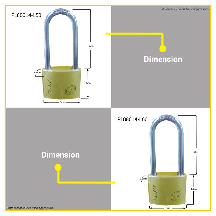BUILDMATE Pololock Brass Padlock LONG Shackle 20MM - 60MM Anti-Theft Keyed Lock with Keys - PL88014