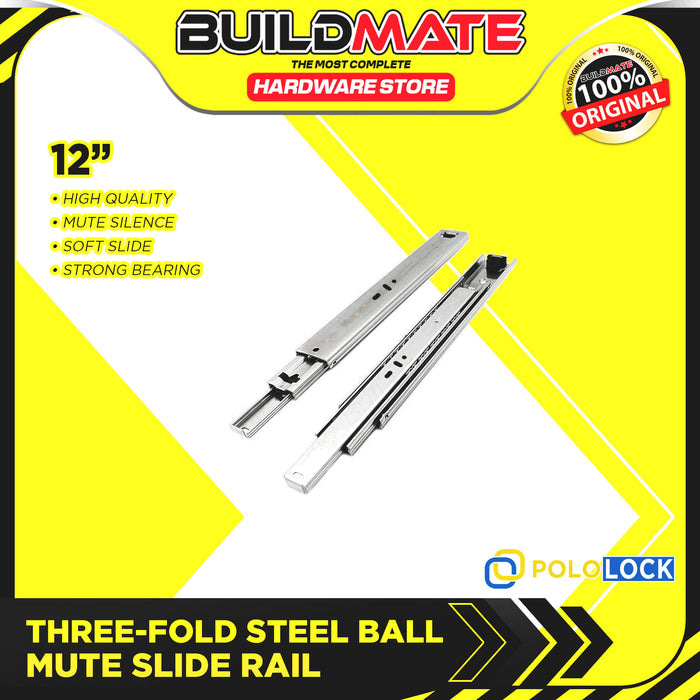 BUILDMATE Pololock 3-Fold Steel Ball Mute Drawer Slide Guide Rail  12" - 22" Silent Furniture Closet Locking Track Glides PL88055