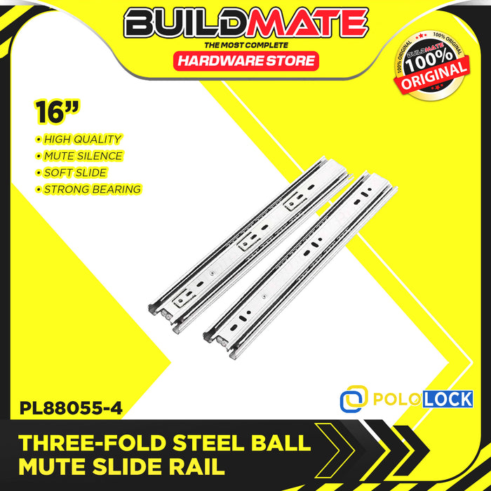 BUILDMATE Pololock 3-Fold Steel Ball Mute Drawer Slide Guide Rail  12" - 22" Silent Furniture Closet Locking Track Glides PL88055