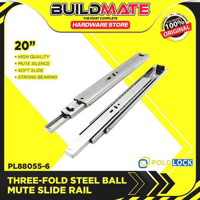 BUILDMATE Pololock 3-Fold Steel Ball Mute Drawer Slide Guide Rail  12" - 22" Silent Furniture Closet Locking Track Glides PL88055
