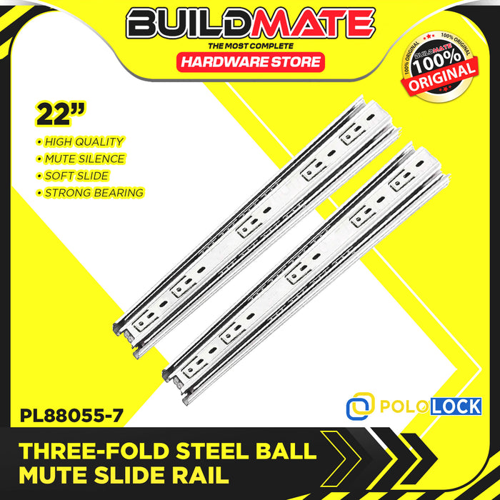 BUILDMATE Pololock 3-Fold Steel Ball Mute Drawer Slide Guide Rail  12" - 22" Silent Furniture Closet Locking Track Glides PL88055