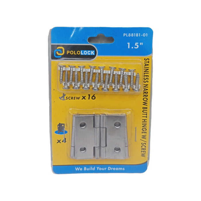 BUILDMATE x POLOLOCK Stainless Steel Narrow Butt Hinges with Screws 1.5” / 2” / 2.5” / 3” / 3.5” – Durable Door & Cabinet Hinge Set
