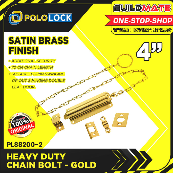 BUILDMATE Pololock 4" Inch Heavy Duty Chain Bolt Latch Security Anti-Theft Door Lock Satin Brass Finish PL88200-2