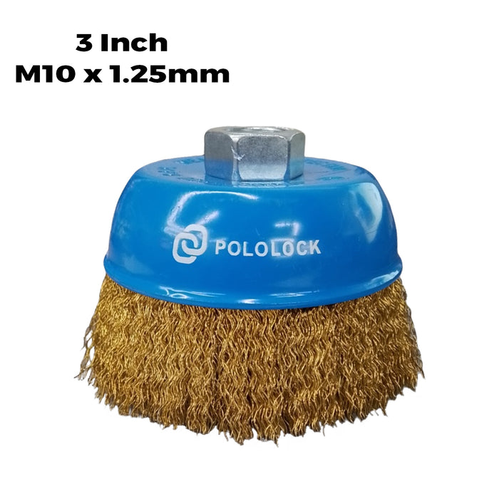 BUILDMATE x POLOLOCK Cup Brush 3” & 4” Plain Type – M10/M14/M16 Thread | Heavy-Duty Steel Wire Brush for Grinder, Rust & Paint Removal