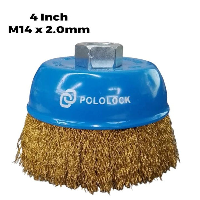 BUILDMATE x POLOLOCK Cup Brush 3” & 4” Plain Type – M10/M14/M16 Thread | Heavy-Duty Steel Wire Brush for Grinder, Rust & Paint Removal