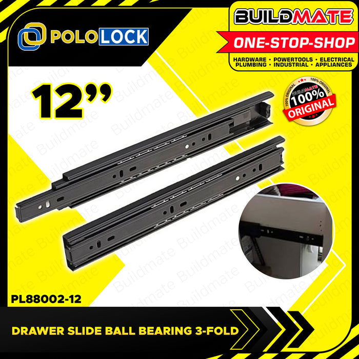 BUILDMATE Pololock 3-FOLD Ordinary Drawer Slide Guide Ball Bearing 10 - 22" Inch for Cabinet PL88002