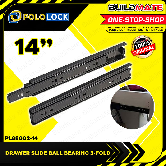 BUILDMATE Pololock 3-FOLD Ordinary Drawer Slide Guide Ball Bearing 10 - 22" Inch for Cabinet PL88002