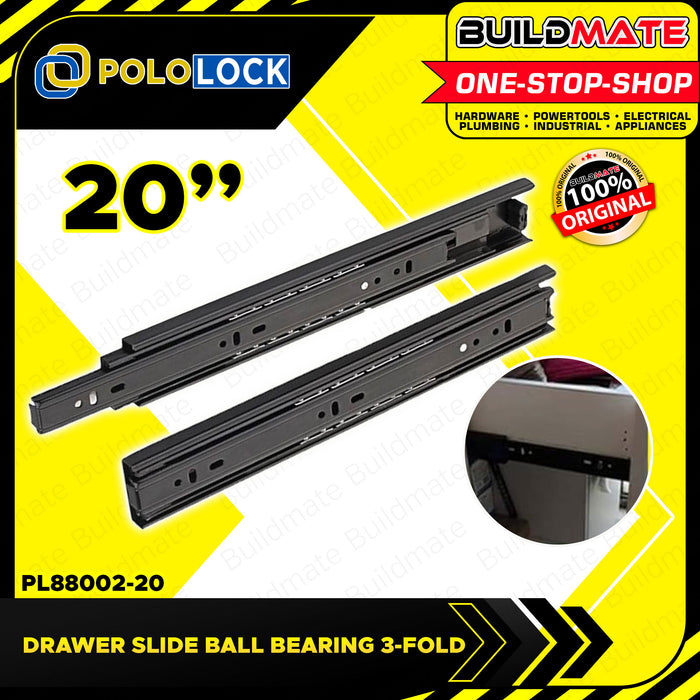 BUILDMATE Pololock 3-FOLD Ordinary Drawer Slide Guide Ball Bearing 10 - 22" Inch for Cabinet PL88002
