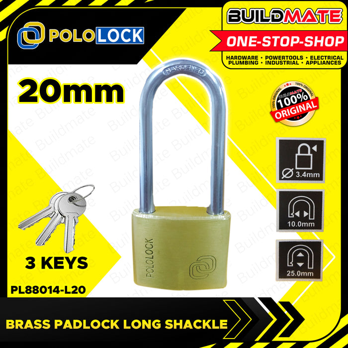 BUILDMATE Pololock Brass Padlock LONG Shackle 20MM - 60MM Anti-Theft Keyed Lock with Keys - PL88014