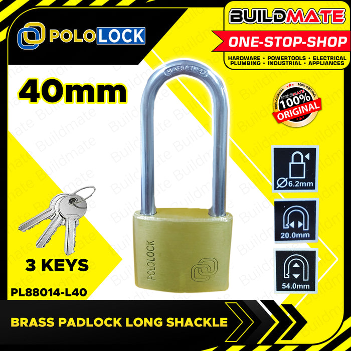 BUILDMATE Pololock Brass Padlock LONG Shackle 20MM - 60MM Anti-Theft Keyed Lock with Keys - PL88014