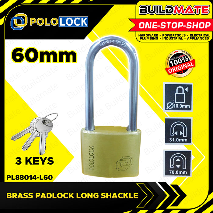 BUILDMATE Pololock Brass Padlock LONG Shackle 20MM - 60MM Anti-Theft Keyed Lock with Keys - PL88014