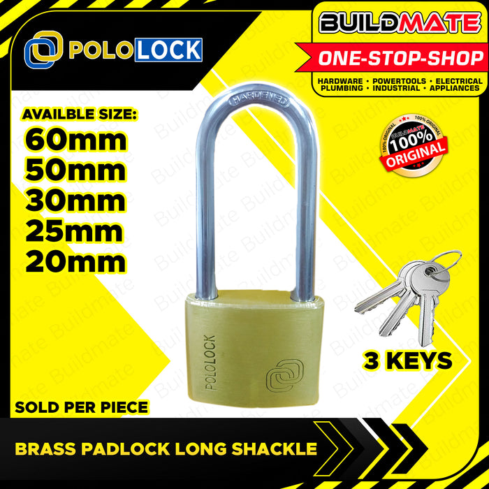 BUILDMATE Pololock Brass Padlock LONG Shackle 20MM - 60MM Anti-Theft Keyed Lock with Keys - PL88014