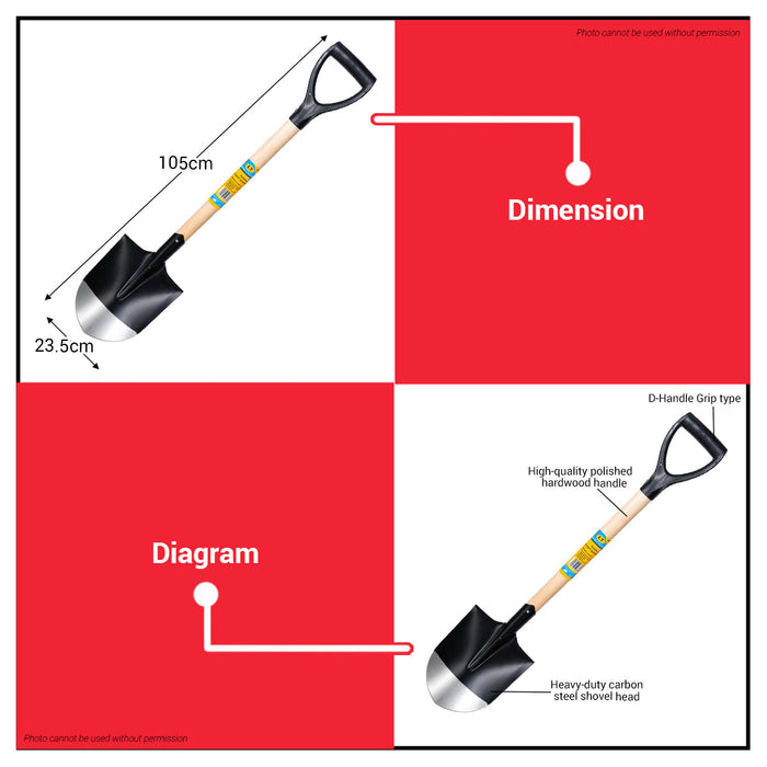 Buildmate x Pololock Round Point Shovel with Wood Handle Heavy Duty Carbon Steel Digging Shovel PL66135-1