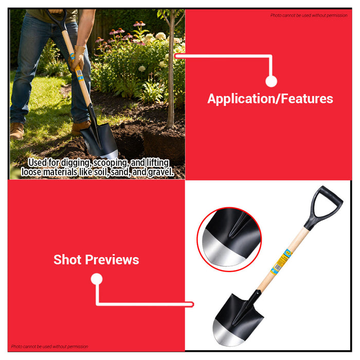 Buildmate x Pololock Round Point Shovel with Wood Handle Heavy Duty Carbon Steel Digging Shovel PL66135-1