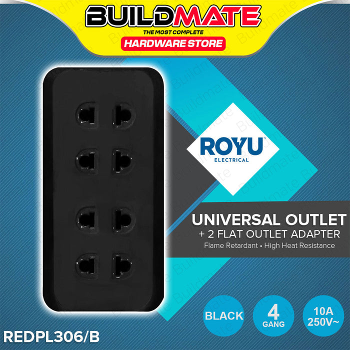 BUILDMATE Royu 4 Gang Universal Outlet + 2 Flat Pin Outlet Adapter 10A 250V Black / White Flame Retardant Power Strip Socket Adapter