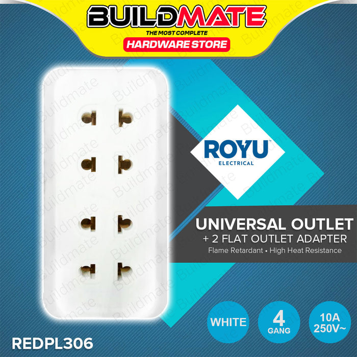 BUILDMATE Royu 4 Gang Universal Outlet + 2 Flat Pin Outlet Adapter 10A 250V Black / White Flame Retardant Power Strip Socket Adapter
