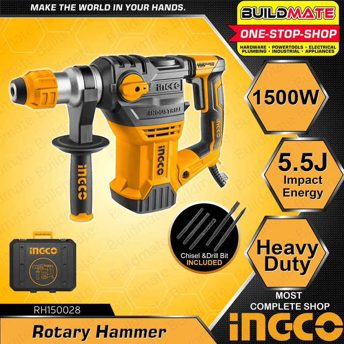 BUILDMATE Ingco Rotary Hammer Drill 1050W / 1500W SDS Plus Chuck Chipping Gun Jack Drilling Machine Electric Demolition Concrete Breaker Hammer - IPT